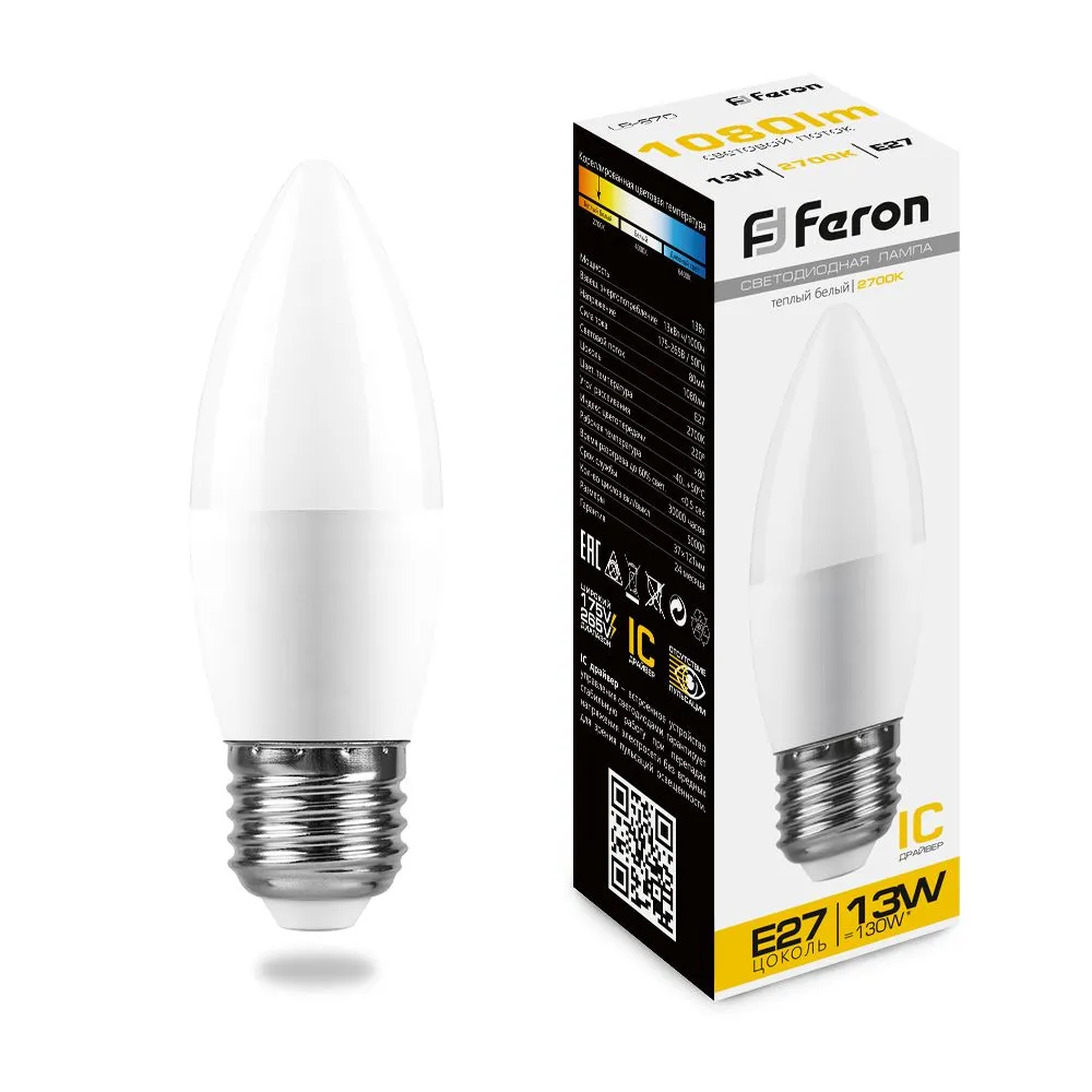Лампа светодиодная LB-970 13Вт C37 свеча 2700К E27 230В FERON 38110