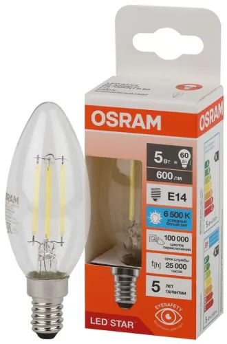 Лампа светодиодная, филаментная 5 Вт E14 6500 K 600 Lm 300 град. LED Star OSRAM 4058075687974