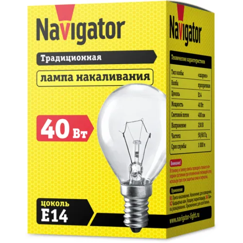 Лампа накаливания ЛОН 40Вт Е14 230В NI-C-40-230-E14-CL (КНР) | 94314 | Navigator