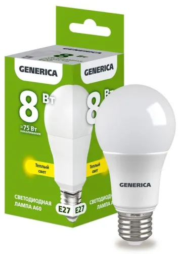 Лампа светодиодная A60 груша 8Вт 230В 3000К E27  | LL-A60-08-230-30-E27-G | GENERICA