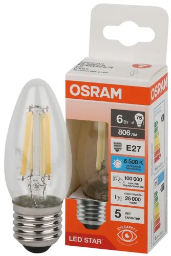 Лампа светодиодная, филаментная 6 Вт E27 6500 K 806 Lm 300 град. LED Star OSRAM 4058075688100