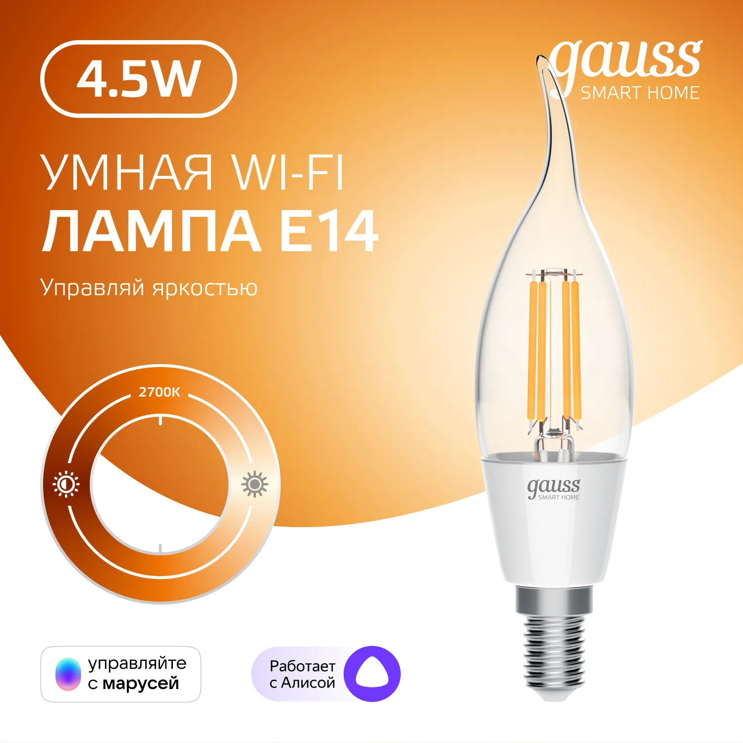 Лампа светодиодная умная Smart Home 4.5Вт свеча на ветру 2700К тепл. бел. E14 495лм диммир. управлен