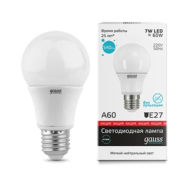 Лампа светодиодная LED 7Вт E27 220В 4100К Elementary A60 | 23227A | Gauss