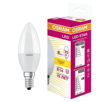 Лампа светодиодная LED 8Вт E14 CLB75 тепло-бел, матов.свеча OSRAM