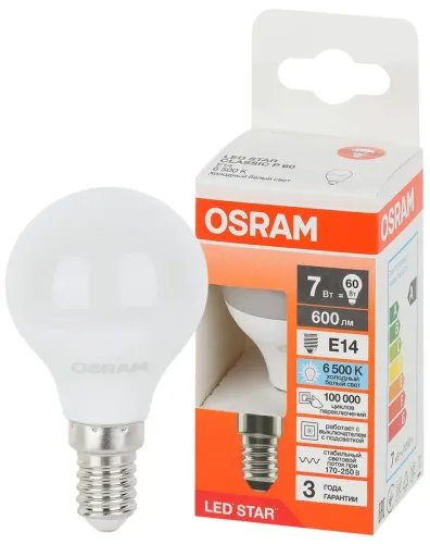 Лампа светодиодная 7 Вт E14 6500 K 250 Lm 180 град. LED Star OSRAM 4058075696013