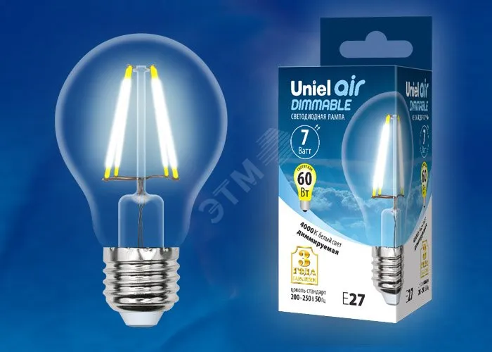 Лампа светодиодная LED-A60-7W/NW/E27 /CL/DIM GLA01TR Air 7Вт грушевидная прозрачная 4000К нейтр. бел