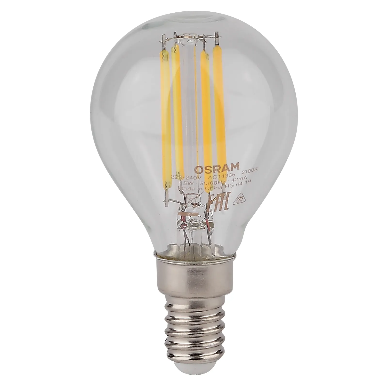 Лампа светодиодная LED 5Вт E14 CLP60 тепло-бел, Filament прозр.шар OSRAM