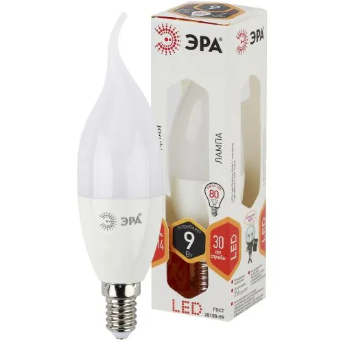 Лампа светодиодная LED BXS-9W-827-E14 Лампы СВЕТОДИОДНЫЕ СТАНДАРТ ЭРА (диод, свеча на ветру, 9Вт, те