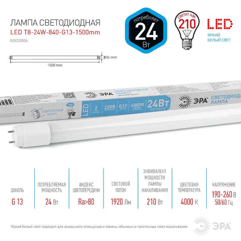 Лампа светодиодная линейная LED T8-24W-840-G13-1500mm | Б0033006 | ЭРА