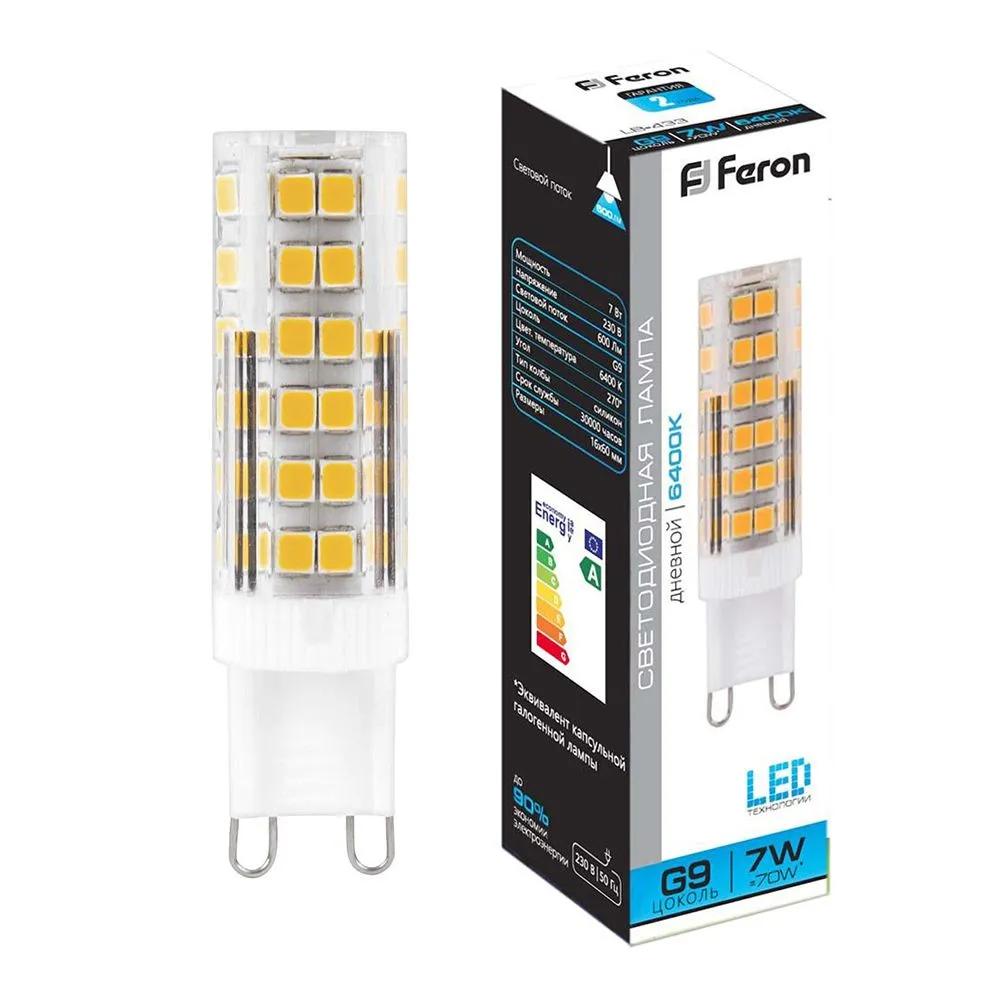 Лампа светодиодная LB-433 7Вт JCD9 6400К G9 230В FERON 25768