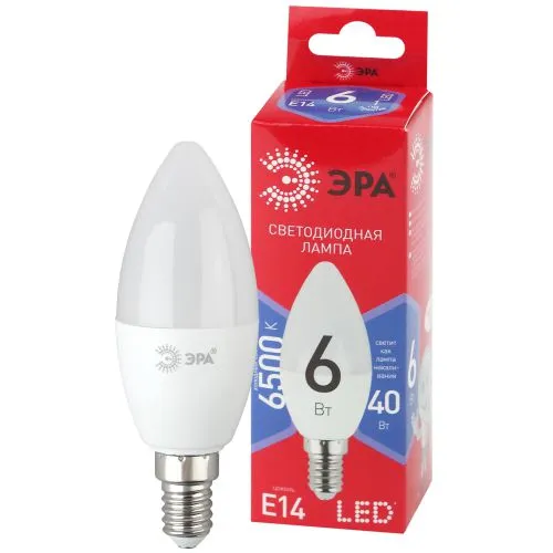 Лампа светодиодная ЭКО LED B35-6W-865-E14 R (диод, свеча, 6Вт, хол, E14) | Б0045339 | ЭРА