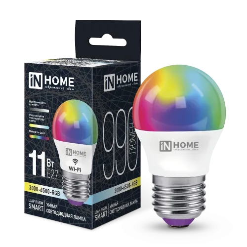 Лампа светодиодная LED-ШАР-RGBW-SMART 11Вт 230В димм. E27 3000-6500К 990лм IN HOME 4690612050058