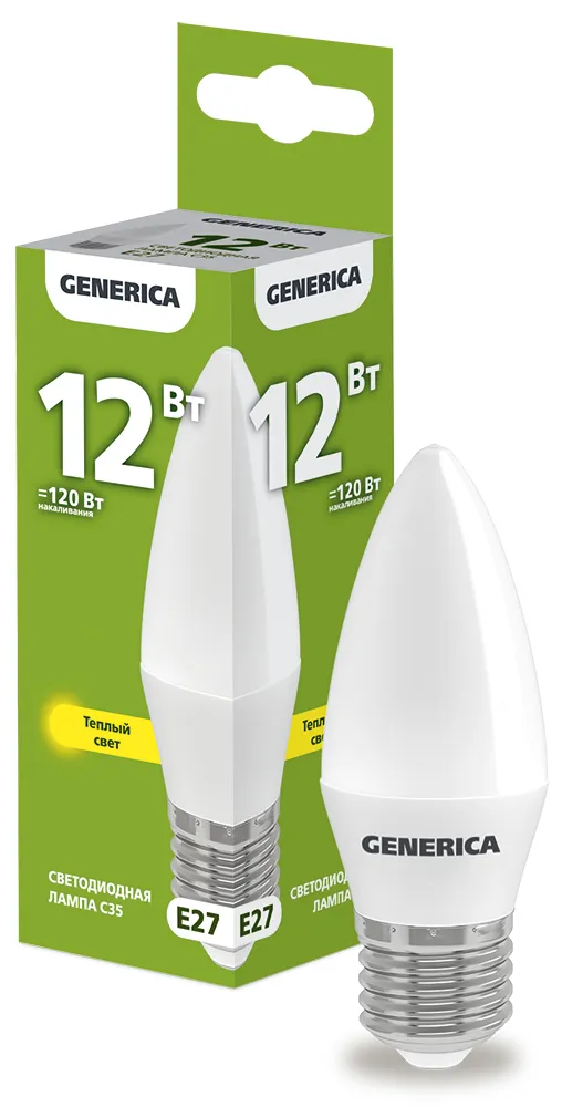 Лампа светодиодная C35 свеча 12Вт 230В 3000К E27  | LL-C35-12-230-30-E27-G | GENERICA