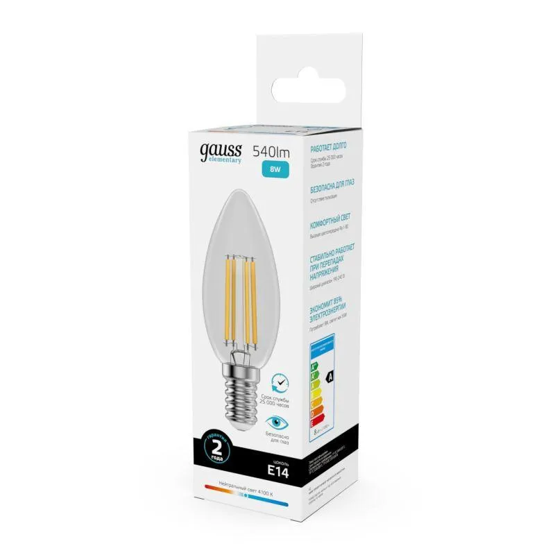 Лампа светодиодная филаментная Filament Elementary 8Вт свеча 4100К Е14 540лм GAUSS 32128
