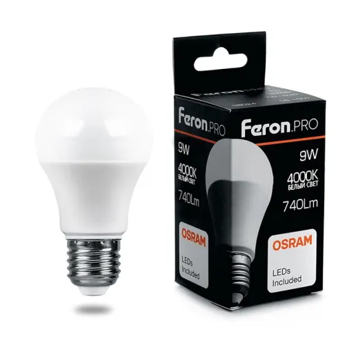 Лампа светодиодная LB-1009 9Вт A60 грушевидная 4000К E27 230В FERON 38027