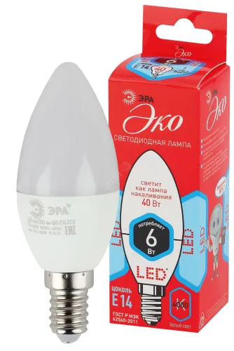 Лампа светодиодная ECO LED B35-6W-840-E14 (диод, свеча, 6Вт, нейтр, E14 (10/100/3500)