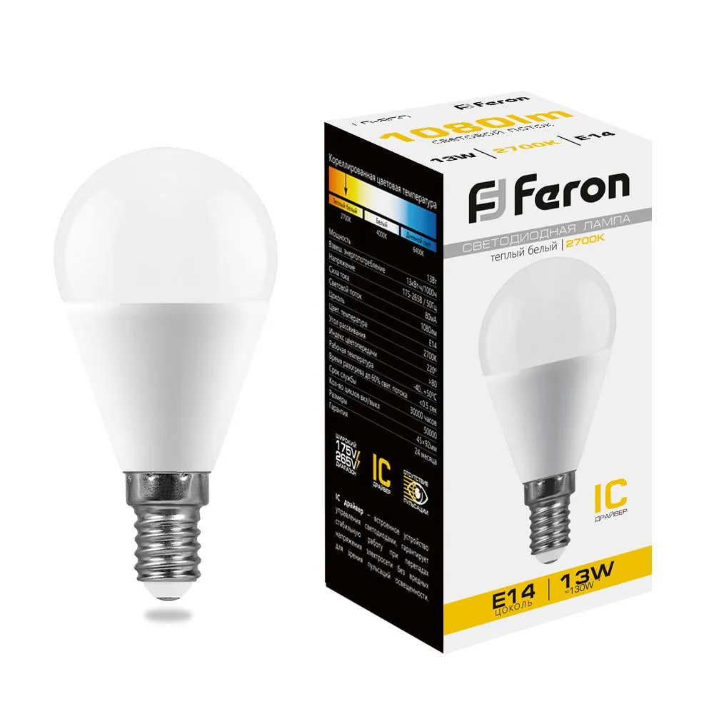 Лампа светодиодная LB-950 13Вт G45 шар 2700К E14 230В FERON 38101