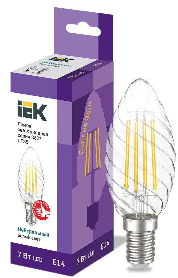Лампа светодиодная LED CT35 свеча вит. 7Вт 230В 4000К E14 серия 360° | LLF-CT35-7-230-40-E14-CL | IE