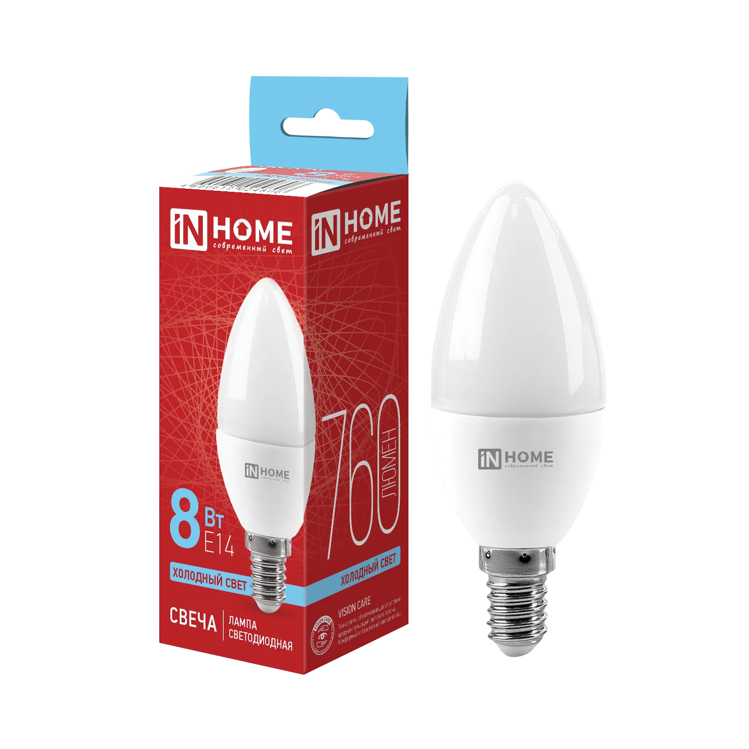 Лампа светодиодная LED-СВЕЧА-VC 8Вт свеча 6500К холод. бел. E14 760лм 230В IN HOME 4690612024806