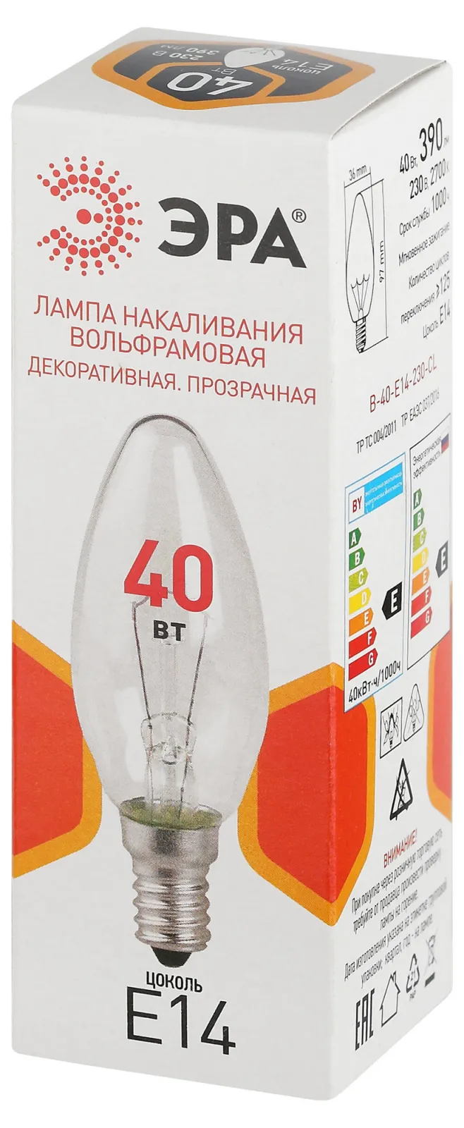 Лампа накаливания B36 40Вт свечка E14/E14 230В прозр. ЭРА Б0066509