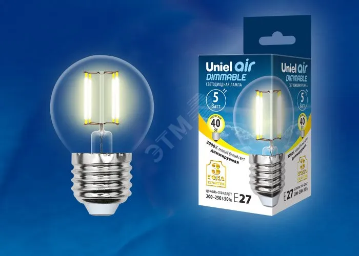 Лампа светодиодная LED-G45-5W/WW/E27/CL/DIM GLA01TR форма "шар" прозр. Air свет теплый бел. 3000К ди