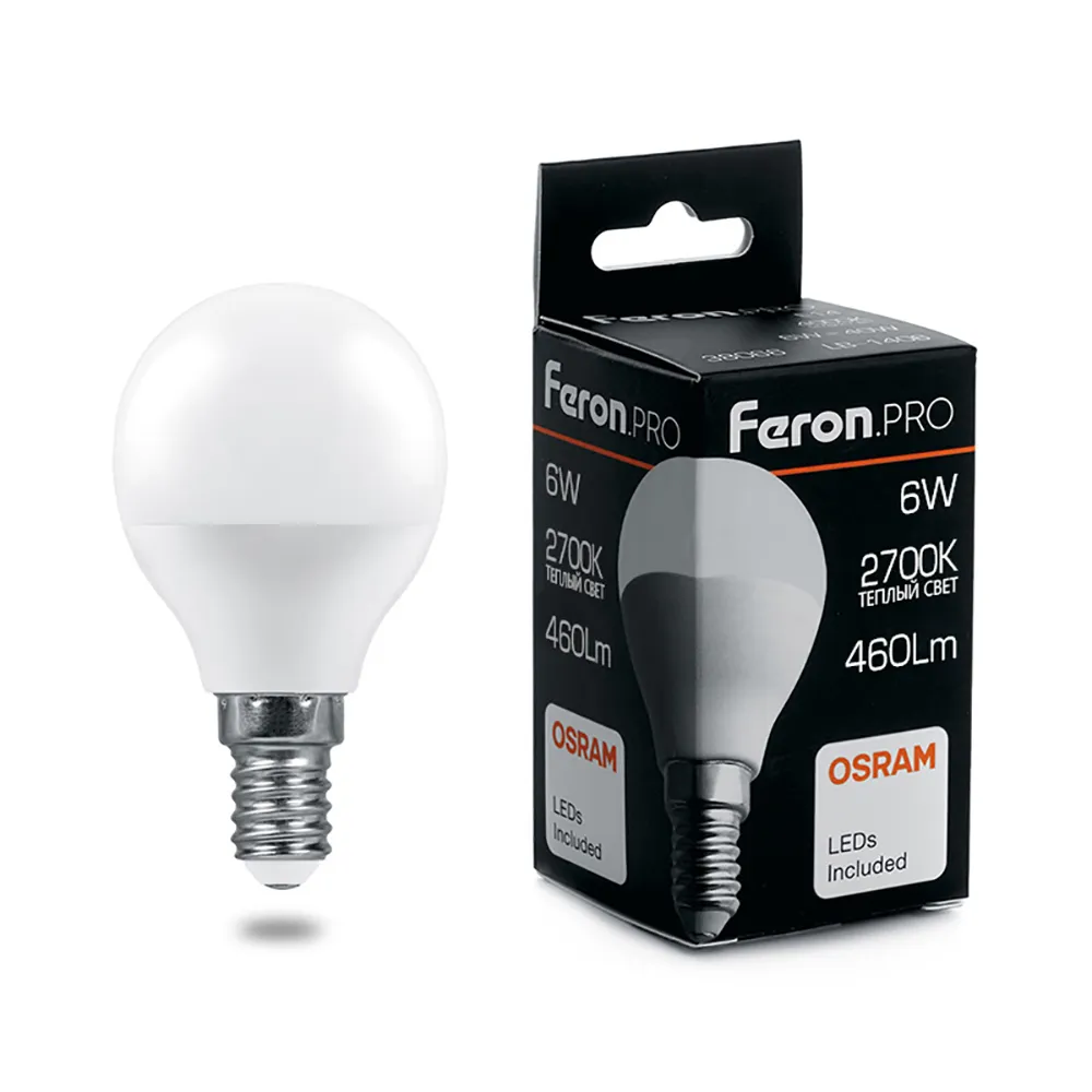 Лампа светодиодная LB-1406 6Вт G45 шар 2700К E14 230В FERON 38065