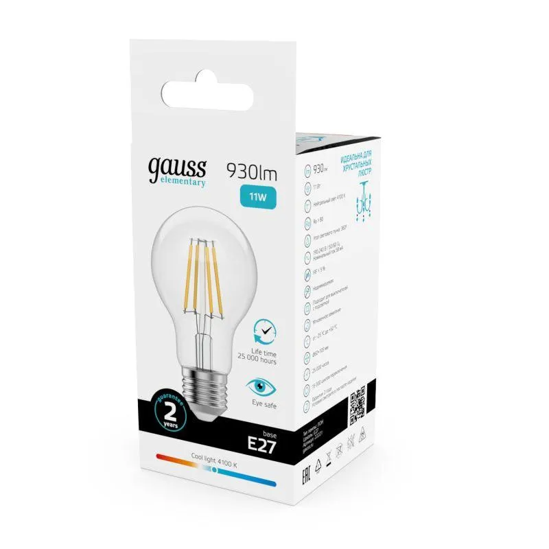 Лампа светодиодная филаментная Filament Elementary А60 11Вт 4100К Е27 930лм GAUSS 22221