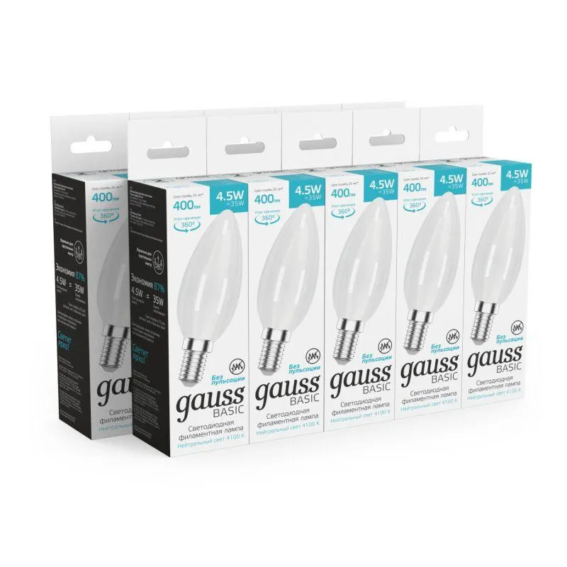 Лампа Gauss Basic Filament Свеча 4,5W 400lm 4100К Е14 milky  LED 1/10/50 1035125