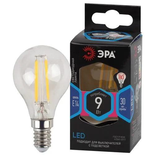 Лампа светодиодная F-LED P45-9w-840-E14 (филамент, шар, 9Вт, нейтр, E14) | Б0047026 | ЭРА