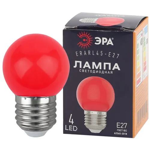 Лампы cветодиодные ERARL45-E27 LED Р45-1W-E27 (диод. шар, красн., 4SMD, 1W, E27, для белт-лайт) (10/