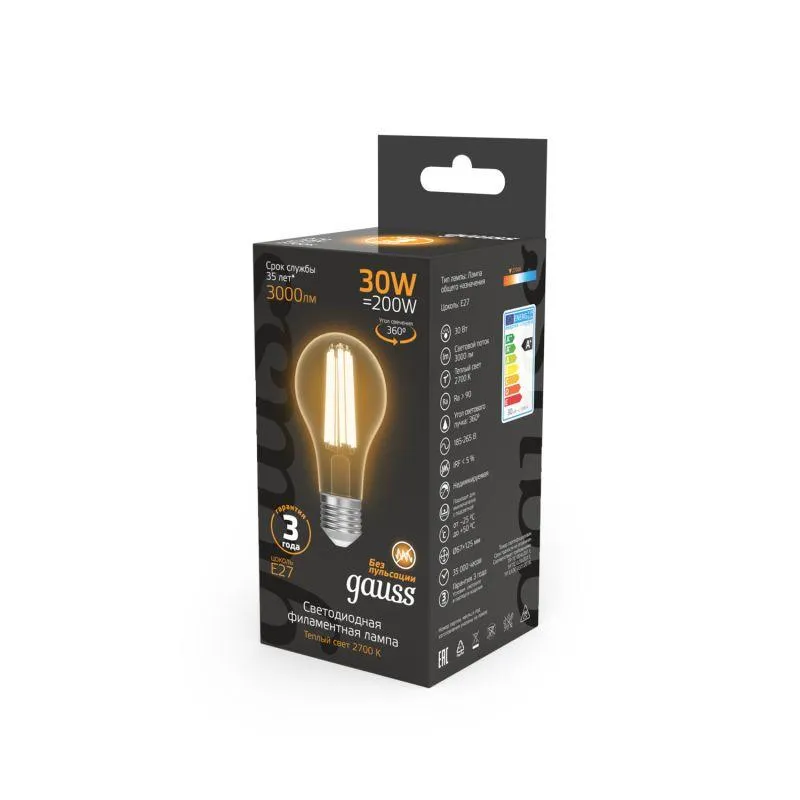 Лампа светодиодная филаментная Black Filament 30Вт A70 грушевидная 2700К тепл. бел. E27 3000лм GAUSS