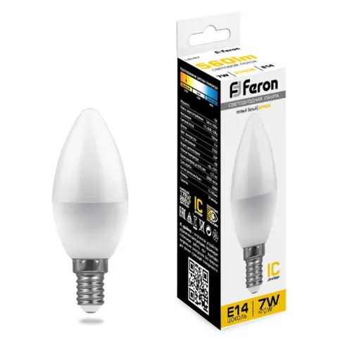 Лампа светодиодная LB-97 7Вт C37 свеча 2700К E14 230В FERON 25475