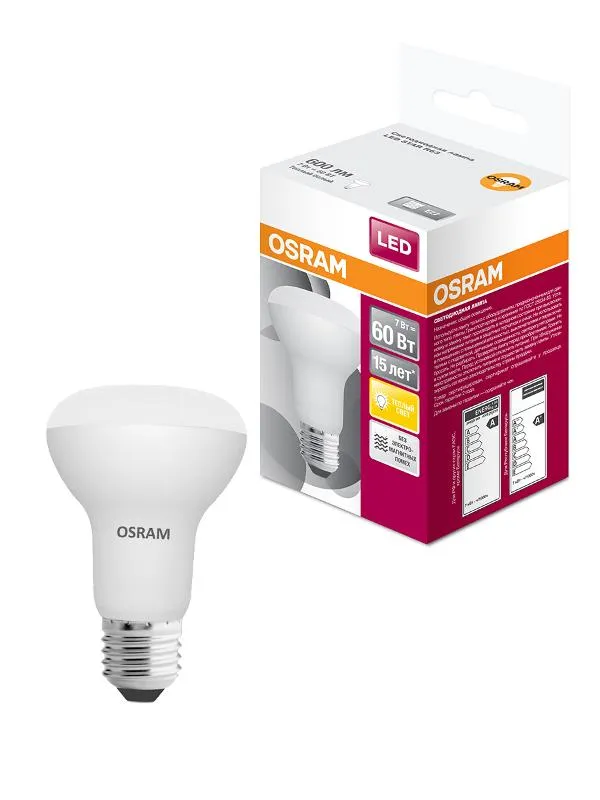 Лампа светодиодная LED STAR R63 7W, Е27 LEDSR6360 7W/830 230VFR E27 10X1 RU | 4058075282629 | Osram