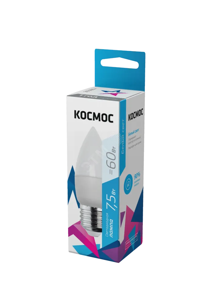 Лампа светодиодная 7.5Вт свеча 4500К бел. E27 220В КОСМОС LkecLED7.5wCNE2745