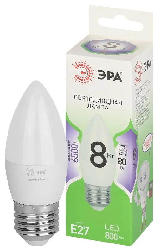 Лампа светодиодная GREEN LINE B35-8W-865-E27 GL E27 8Вт свеча свет холод. Эра Б0067136