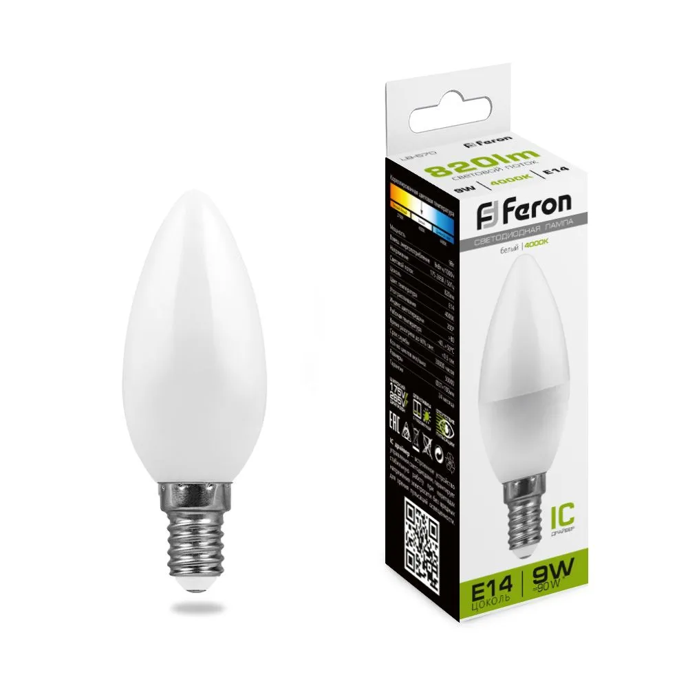 Лампа светодиодная LB-570 9Вт C37 свеча 4000К E14 230В FERON 25799