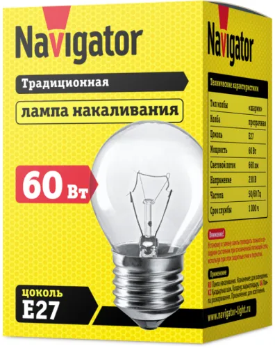 Лампа накаливания ЛОН  60Вт Е27 230В NI-C-60-230-E27-CL (КНР) | 94312 | Navigator