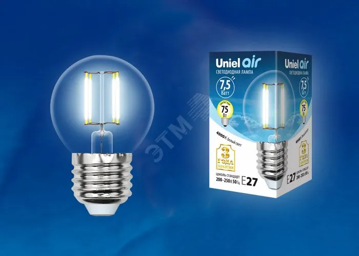 Лампа светодиодная LED-G45-7.5Вт/NW/E27/CL GLA01TR прозр. Uniel UL-00003255