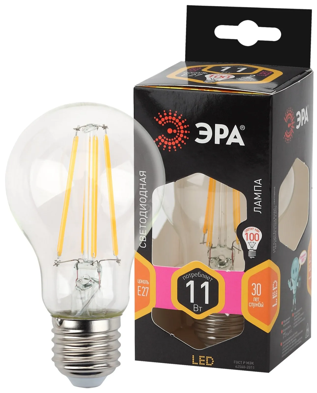 Лампа светодиодная F-LED A60-11W-827-E27 (филамент, груша, 11Вт, тепл, Е27) | Б0035025 | ЭРА