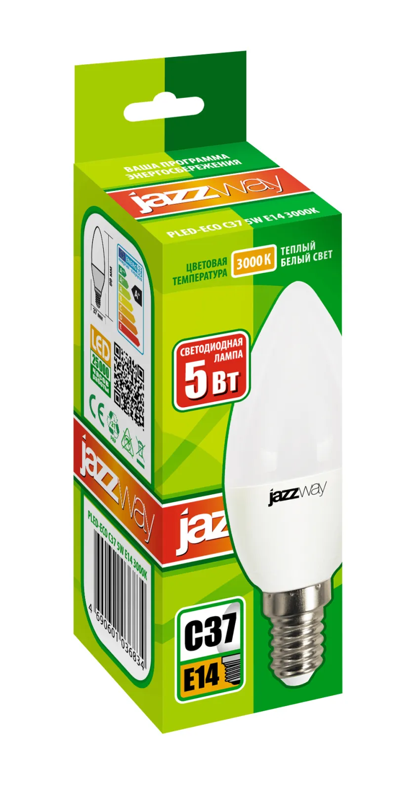 Лампа светодиодная LED 5Вт E14 220В 3000К PLED- ECO-C37 свеча | 1036834A | Jazzway