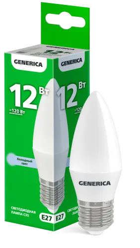 Лампа светодиодная C35 12Вт свеча 6500К E27 230В GENERICA LL-C35-12-230-65-E27-G