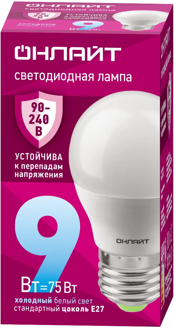Лампа светодиодная 90 424 OLL-G45-9-230-6.5K-E27-FR (PRO 90-240В) ОНЛАЙТ 90424