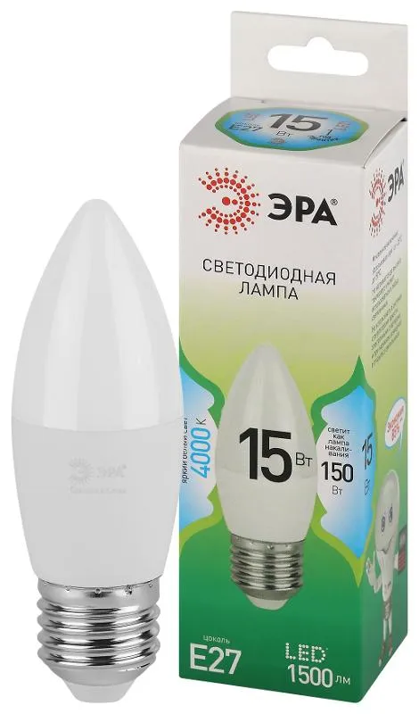 Лампа светодиодная GREEN LINE B35-15W-840-E27 GL E27 15Вт свеча яркий свет бел. Эра Б0067115