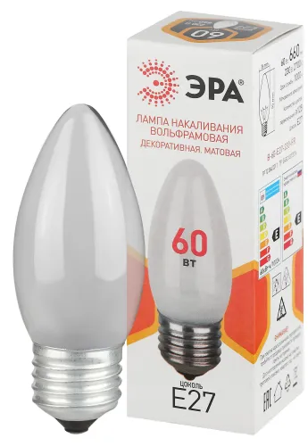 Лампа накаливания B36 60Вт свечка E27/E27 230В матов. ЭРА Б0066409