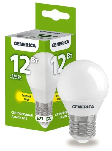 Лампа светодиодная G45 шар 12Вт 230В 3000К E27  | LL-G45-12-230-30-E27-G | GENERICA