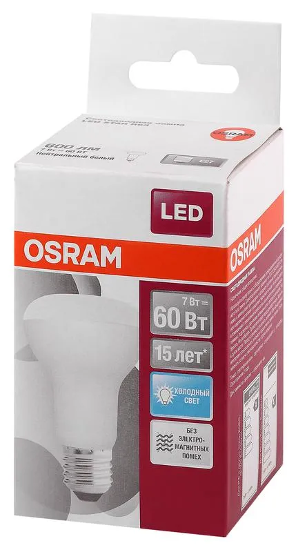 Лампа светодиодная LED STAR R63 7W, Е27 LEDSR6360 7W/840 230VFR E27 10X1 RU | 4058075282650 | Osram