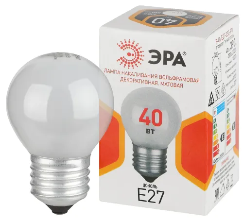 Лампа накаливания P45 40Вт шар E27/E27 230В матов. ЭРА Б0066392