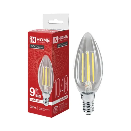 Лампа светодиодная LED-СВЕЧА-deco 9Вт свеча прозрачная 4000К нейтр. бел. E14 1040лм 230В IN HOME 469