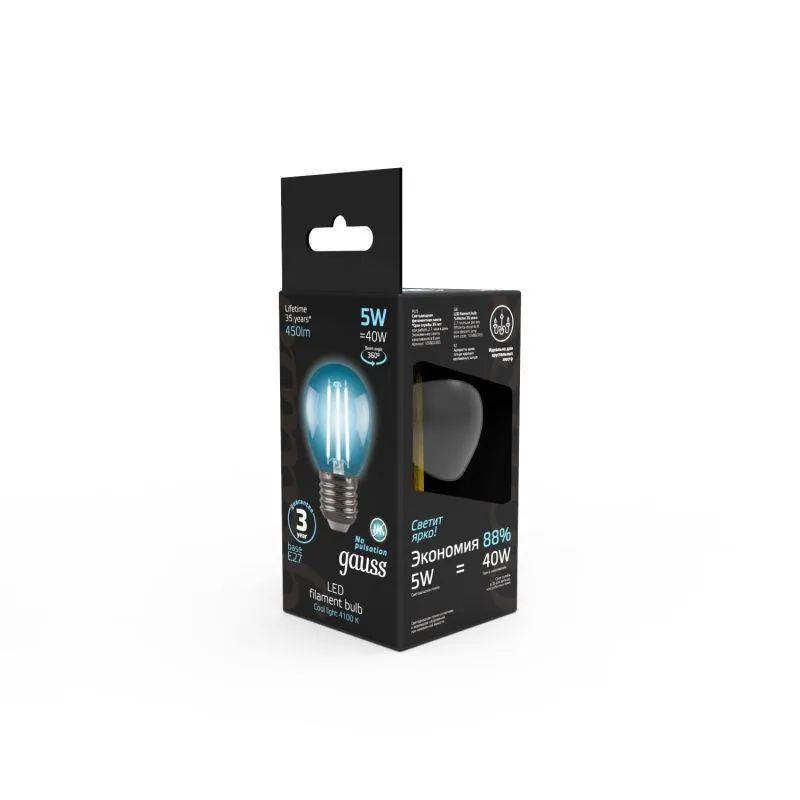 Лампа светодиодная филаментная Black Filament 5Вт P45 шар 4100К нейтр. бел. E27 450лм GAUSS 10580220