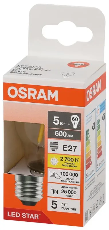 Лампа светодиодная, филаментная 5 Вт E27 2700 K 600 Lm 300 град. LED Star OSRAM 4058075684669